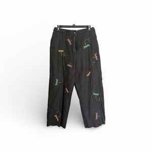 Paraphrase Black 100% Linen with Colorful Embroidery Dragonflies 10 high rise